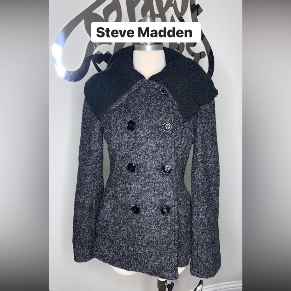 STEVE MADDEN WOOL BLEND COAT PEACOAT DETACHABLE KNIT COLLAR GRAY /SIZE M - Picture 4 of 6
